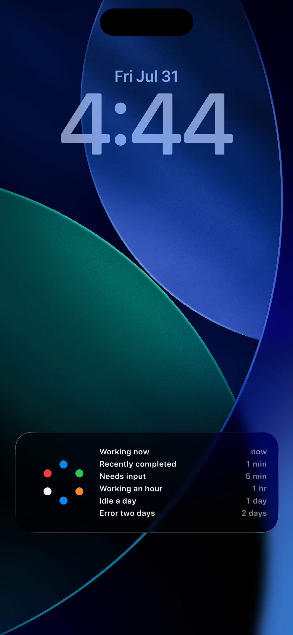 Agent Maxer Live Activity showing six chat states and their elapsed times on an iPhone Lock Screen